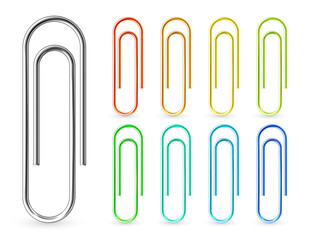 Realistic colorful metal paper clips isolated on white background. Page holder, binder. Vector illustration.