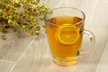 Dried sage. Hot drink sage in glass.