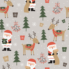 Seamless cute Santa and reindeer and Christmas ornament pattern background