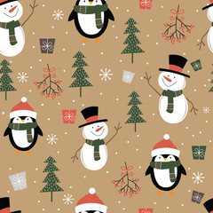 Seamless cute snowman and penguin on look brown kraft paper background, Christmas ornament pattern, vector illustration