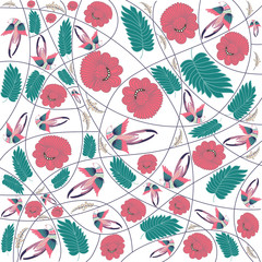 Fototapeta na wymiar Abstract pattern with birds, leaves and flowers. Pattern for wrapping paper, textile. 