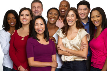 Diverse group of friends talking and laughing.