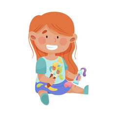 Playful Girl in Stained Clothes Sitting and Holding Paintbrush and Paint Vector Illustration