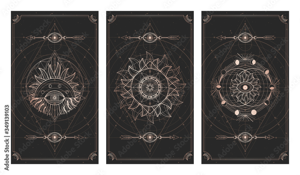 Canvas Prints vector set of three dark illustrations with sacred geometry symbols, grunge textures and frames. ima
