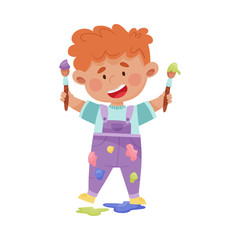 Cheerful Boy in Blotted Clothes Carrying Paintbrush and Paint Vector Illustration