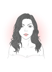 Vector portrait of a beautiful young woman with flowing hair on a white background.