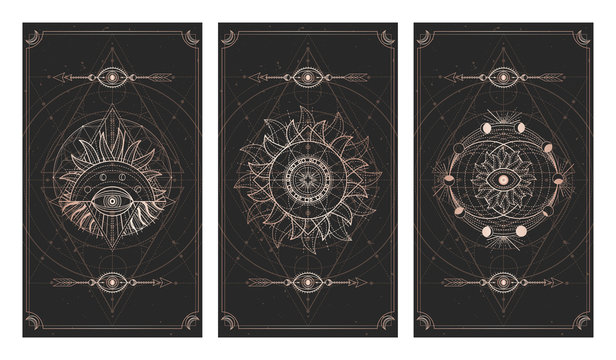 Vector set of three dark illustrations with sacred geometry symbols, grunge textures and frames. Images in black and gold colors. 