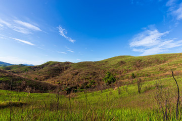 Fototapeta premium Beautiful sunny day scene, mountain scenery with fresh green meadows with blue sky background, natural view landscape