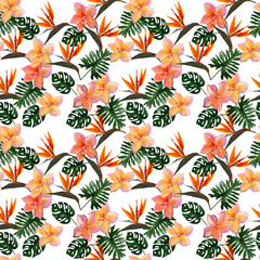 Seamless tropical pattern with plumeria and strelitzia with leaves on white background. Seamless pattern with colorful leaves of colocasia, filodendron, monstera. Exotic wallpaper. Hawaiian style © Olena