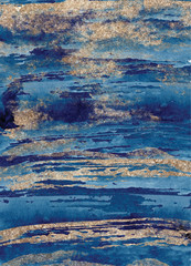 Watercolor abstract classic blue and gold, background, hand drawn watercolour texture