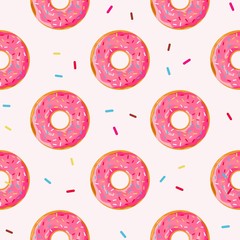 Donuts seamless pattern. Cute sweet food baby background. Colorful design for textile, wallpaper, fabric, decor. Template for design. Vector illustration in flat style
