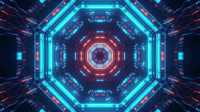 Slow motion graphics sci fi: bright orange and teal octagon and star tunnel