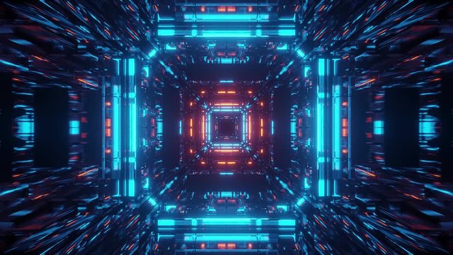 Slow motion graphics sci fi: bright teal and orange lights in square tunnel
