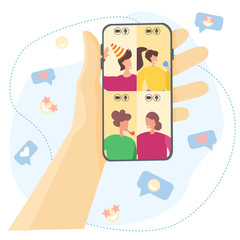Flat vector illustration. Birthday online. Holidays and chat during quarantine. Friends are talking on a video link.