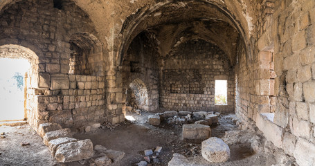 The ruins  of main hall of crusader Fortress Chateau Neuf - Metsudat Hunin is located at the entrance to the Israeli Margaliot village in the Upper Galilee in northern Israel