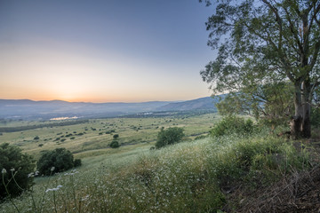 Fototapeta na wymiar Sunset in the slopes of Golan Heights, and Hula Valley
