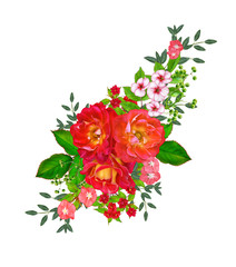 Obraz premium Flower arrangement, red, orange roses, green foliage, clusters of berries, pink primroses, realism, isolated on white background