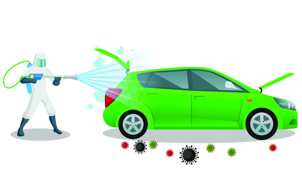 Vehicle Sanitize And Disinfectant Services. Car Sanitize For Covid 19 Disease With Proper Servicing. Vector Illustration Car Disinfectant.