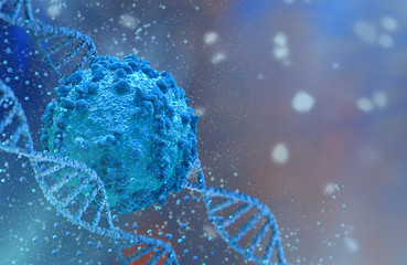 Coronavirus, a parasite harmful to health, harmful to the DNA chain, medical illustration, viral cells, particles under a microscope, 3D rendering