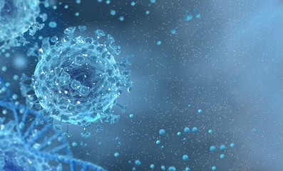 Coronavirus is a new type of virus that caused a pandemic, serious illness, flu, pneumonia, a danger to healthy cells, viral cells under a microscope, 3D rendering