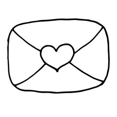 Single hand drawn envelope with a love message. In doodle style, black outline isolated on a white background. Cute element for design instagram stories, card, stickers. Valentine s day vector.