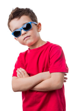 Confident Cool Boy With Red Dress Shirt And Sunglasses, Isolated On White Background