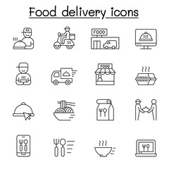 Food delivery icons set in thin line style