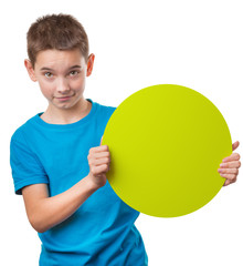 Boy holding empty round a sign, isolated on white background
