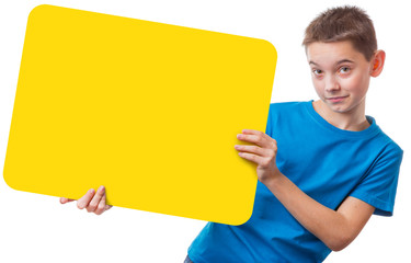 Boy holding empty square yellow a sign, isolated on white background
