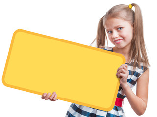 Positive little girl holding empty yellow square a sign, isolated on white background