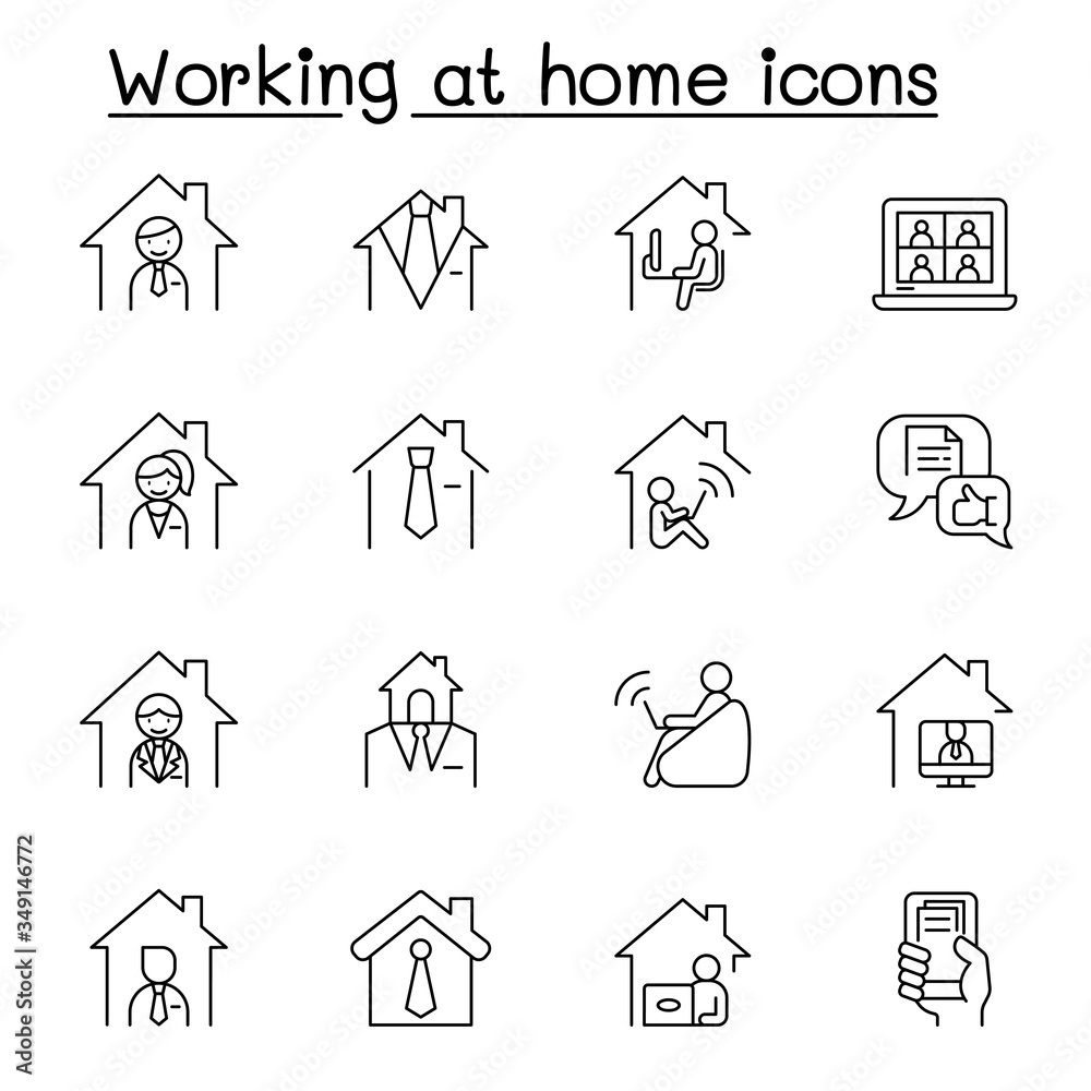 Wall mural Working at home icons set in thin line style