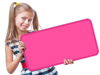 Positive little girl holding empty pink square a sign, isolated on white background