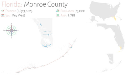 Large and detailed map of Monroe county in Florida, USA.