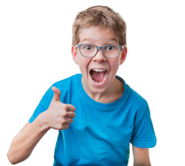 Blond hair boy in glasses showing thumbs up gesture, isolated on white background