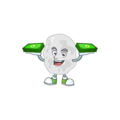 A cheerful planctomycetes cartoon mascot design having some money on hands