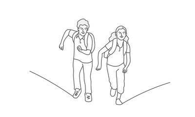 Children run to school. Line drawing vector illustration.