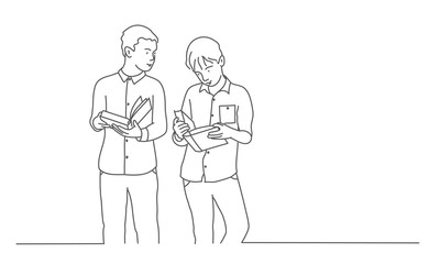 Two boys with books. Line drawing vector illustration.