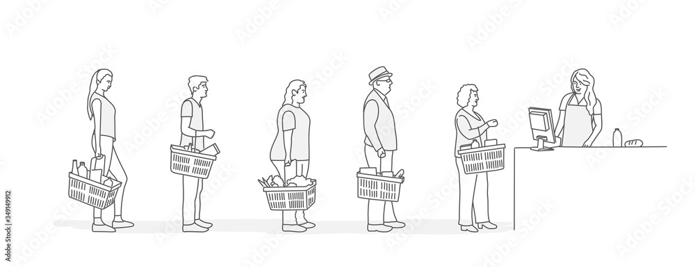 Wall mural customers stand in line at grocery or supermarket. put buys on cashier desk for paying. line drawing