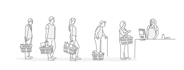 Customers stand in line at grocery or supermarket. Line drawing vector illustration.