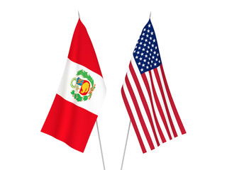 National fabric flags of America and Peru isolated on white background. 3d rendering illustration.