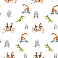 Beautiful seamless pattern for children with watercolor hand drawn cute animals on transport. Stock illustration.