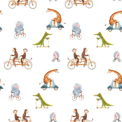 Wall murals Animals in transport Beautiful seamless pattern for children with watercolor hand drawn cute animals on transport. Stock illustration.
