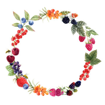 Beautiful wreath with watercolor hand drawn berry paintings. Stock illustration.