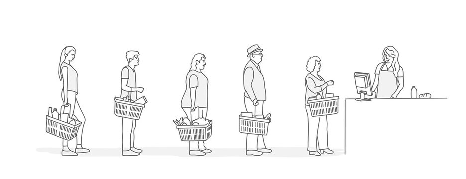 Customers stand in line at grocery or supermarket. Put buys on cashier desk for paying. Line drawing vector illustration.