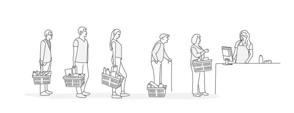 Customers stand in line at grocery or supermarket. Line drawing vector illustration.