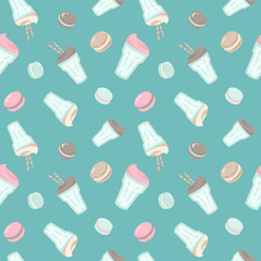 Foam cappuccino cup and macarons seamless pattern