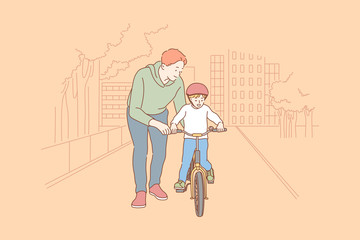 Fatherhood, cycling, childhood, training concept. Cartoon characters young man father teaching boy kid son teenager riding bicycle. Family care fathers day and active summer recreation illustration.