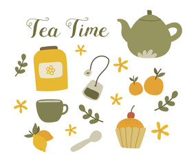 Tea time illustration. Tea time elements collection. Hand drawn tea vector icons. Teapots, cups, cupcakes and sweets isolated on white background. Design elements.