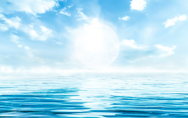 Background of a sea landscape. Blue sky with clouds over the sea. Sunlight, sunset