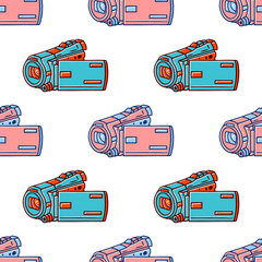 Video Camera Seamless Pattern. Blogging Equipment Seamless Pattern. Video Camera Seamless Pattern on white background isolated. Stock Vector Illustration. Hand Drawn Style. 